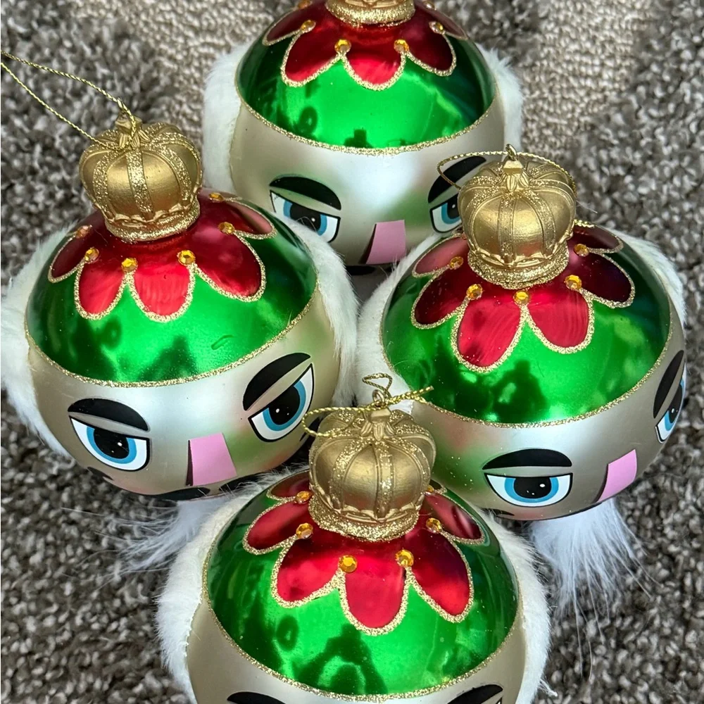 Vintage Pier 1 Round Glass Ball Nutcracker Ornaments Set of 4.